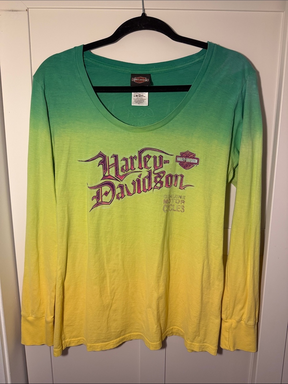 Vintage Harley-Davidson Green to Yellow Ombre Scoop Neck Long Sleeve Tee